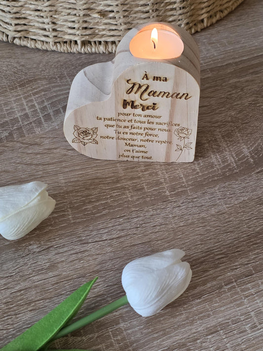 Bougeoir en  bois forme coeur personnalisable gravure laser - maman - mamie - nounou  - Noël - Mariage - Atsem - Maitresse -marraine